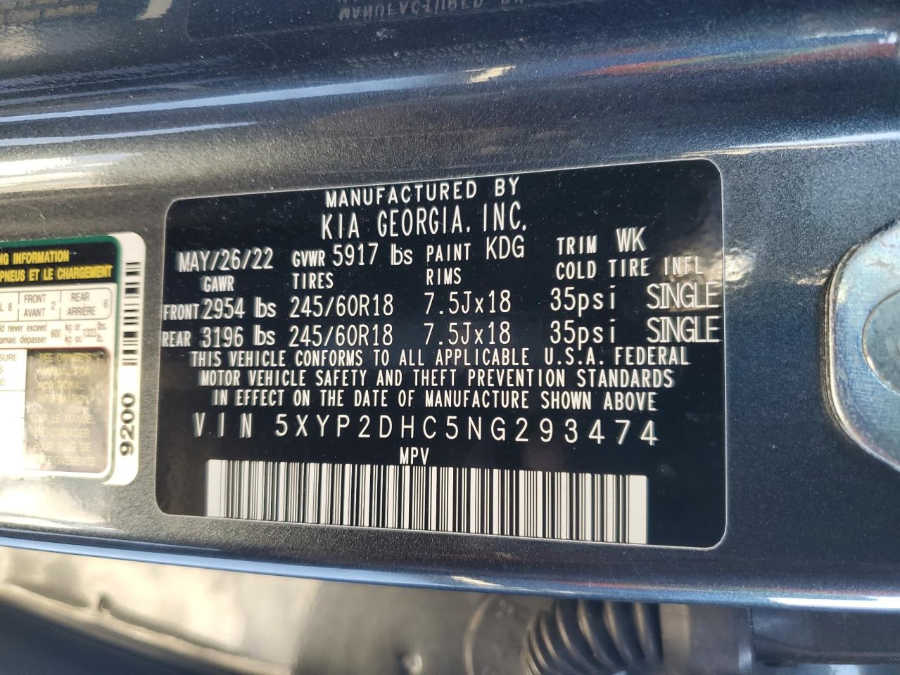 2022 KIA TELLURIDE LX VIN:5XYP2DHC5NG293474