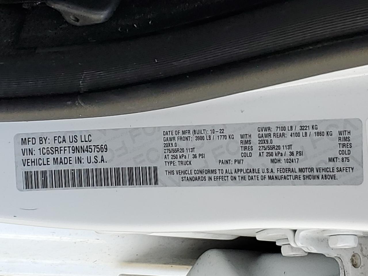2022 RAM 1500 BIG HORN/LONE STAR VIN:1C6SRFFT9NN457569