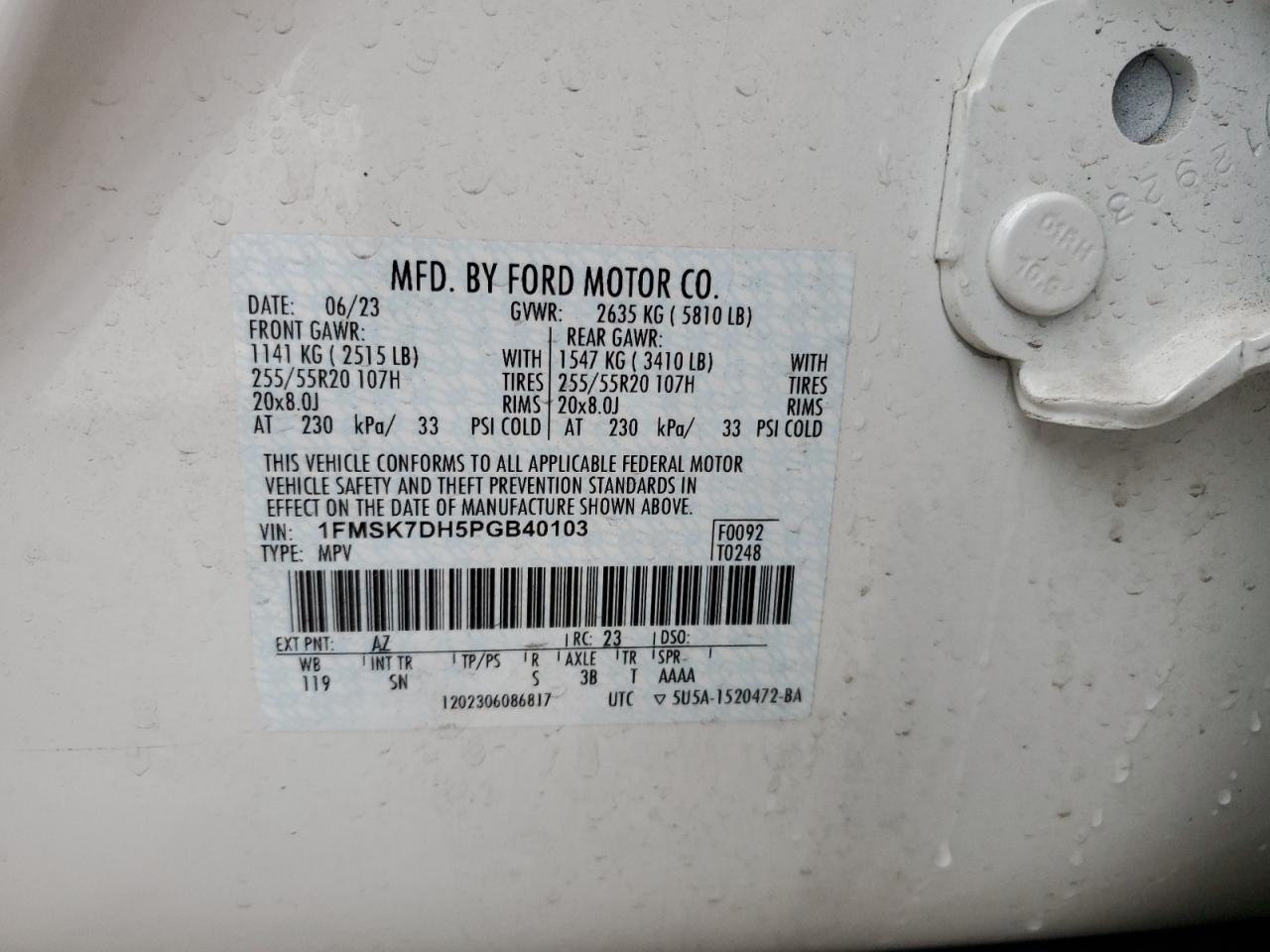 2023 FORD EXPLORER XLT VIN:1FMSK7DH5PGB40103