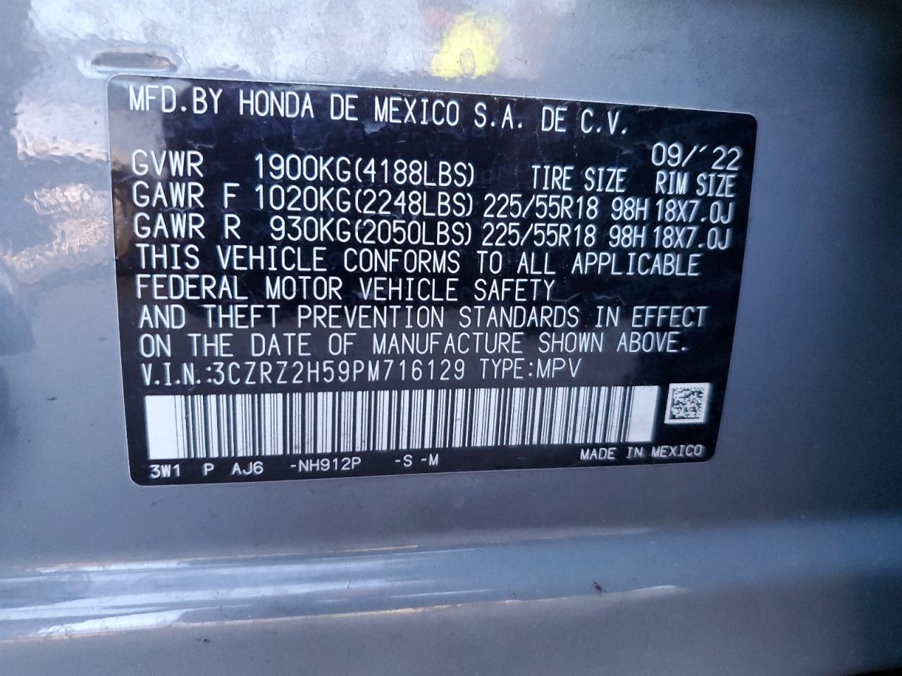 2023 HONDA HR-V SPORT VIN:3CZRZ2H59PM716129