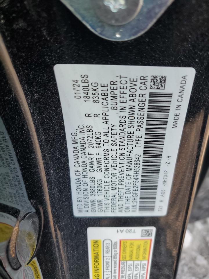 2024 HONDA CIVIC SPORT VIN:2HGFE2F54RH538642