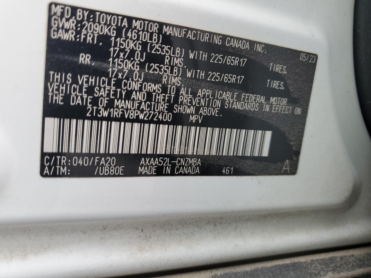 2023 TOYOTA RAV4 XLE VIN:2T3W1RFV8PW272400