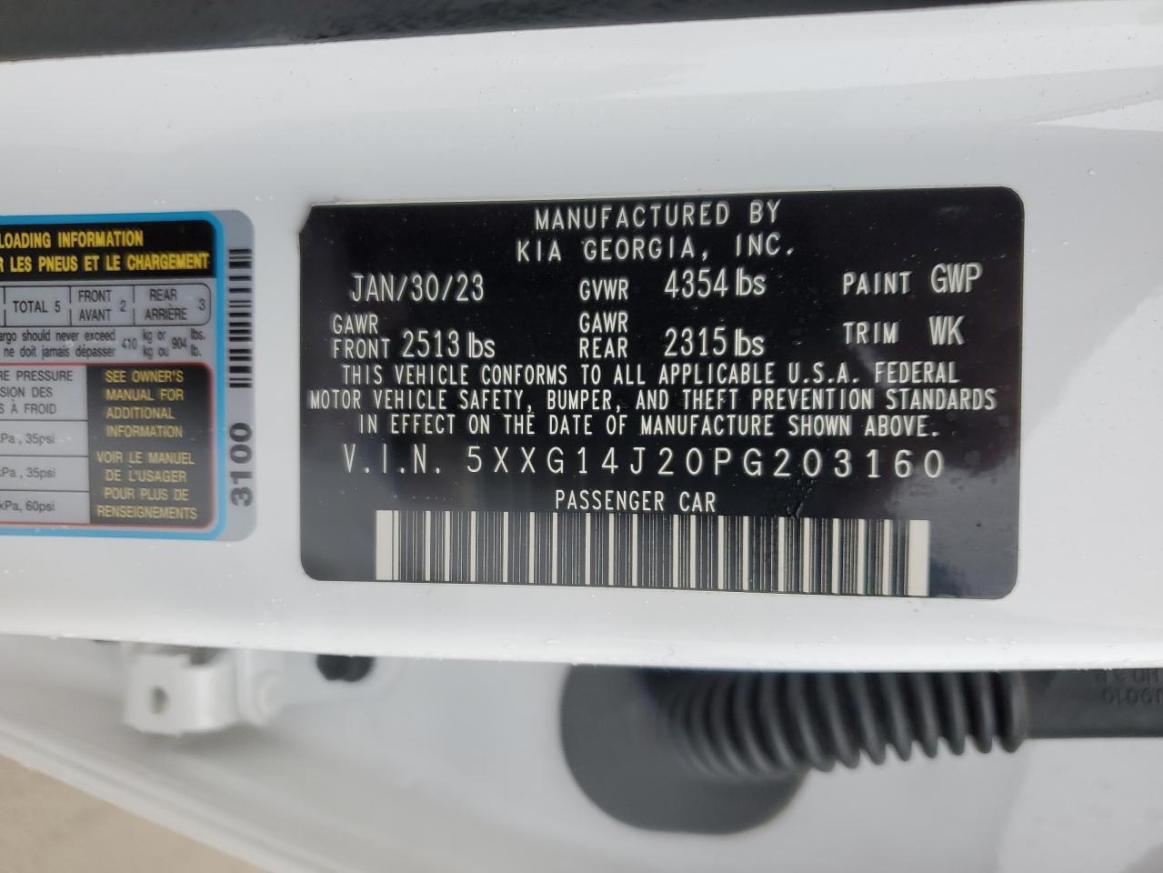 2023 KIA K5 LXS VIN:5XXG14J20PG203160