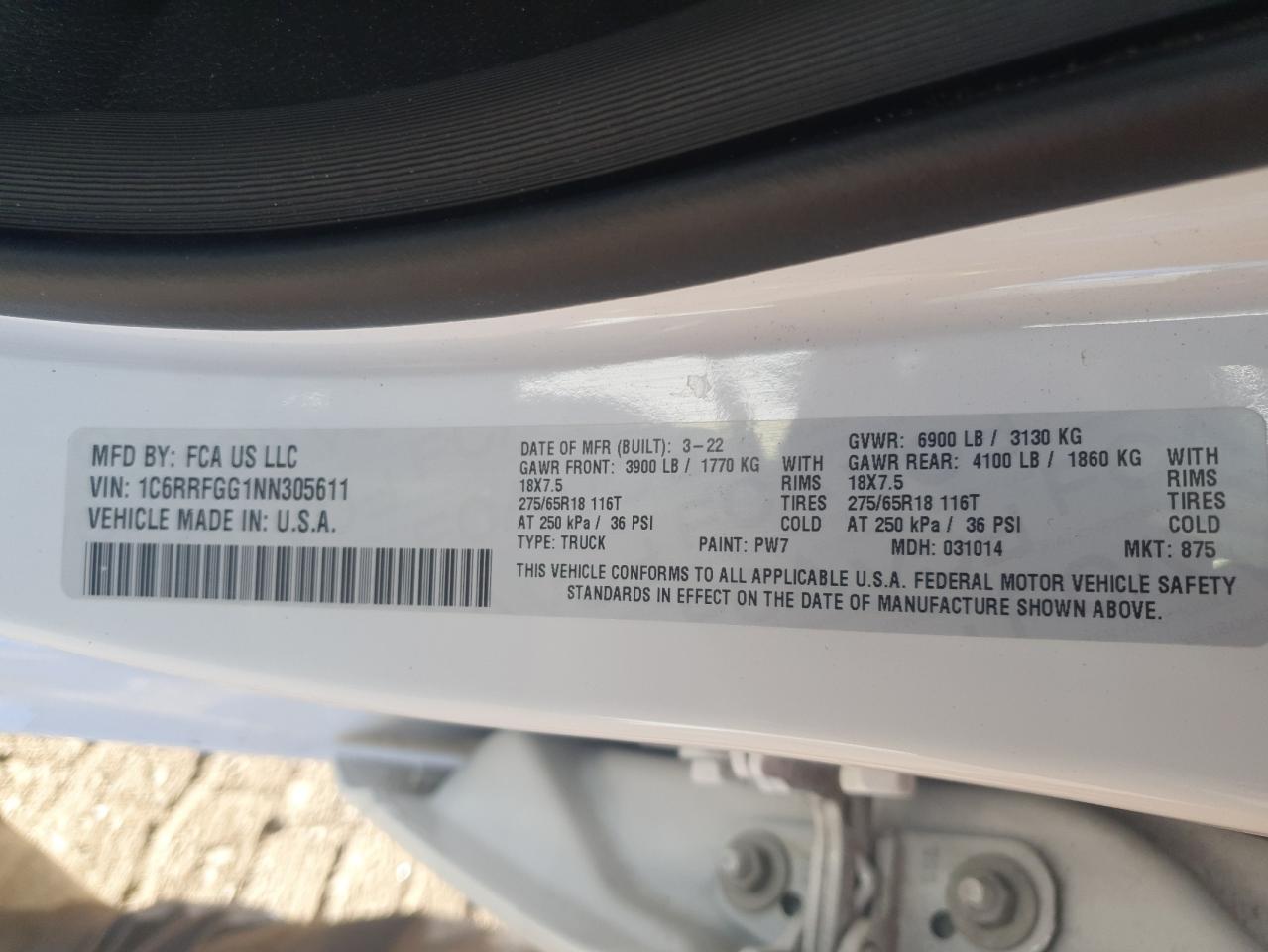 2022 RAM 1500 TRADESMAN VIN:1C6RRFGG1NN305611