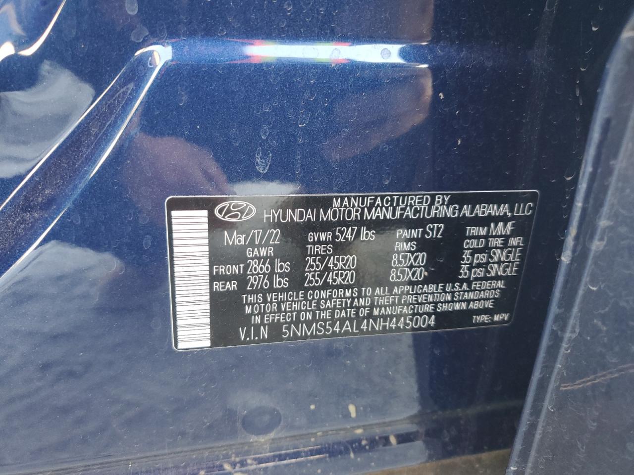 2022 HYUNDAI SANTA FE CALLIGRAPHY VIN:5NMS54AL4NH445004