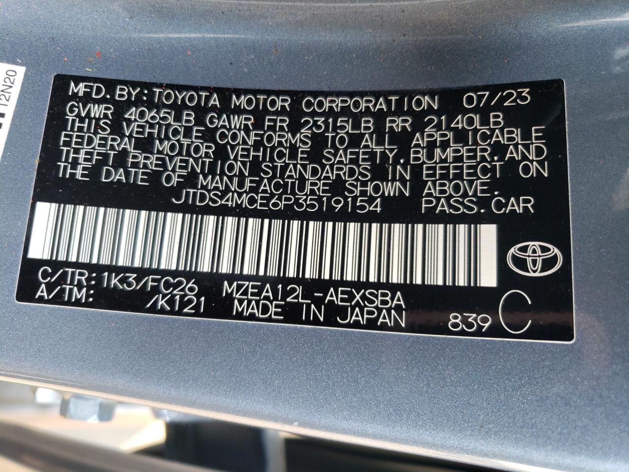 2023 TOYOTA COROLLA SE VIN:JTDS4MCE6P3519154