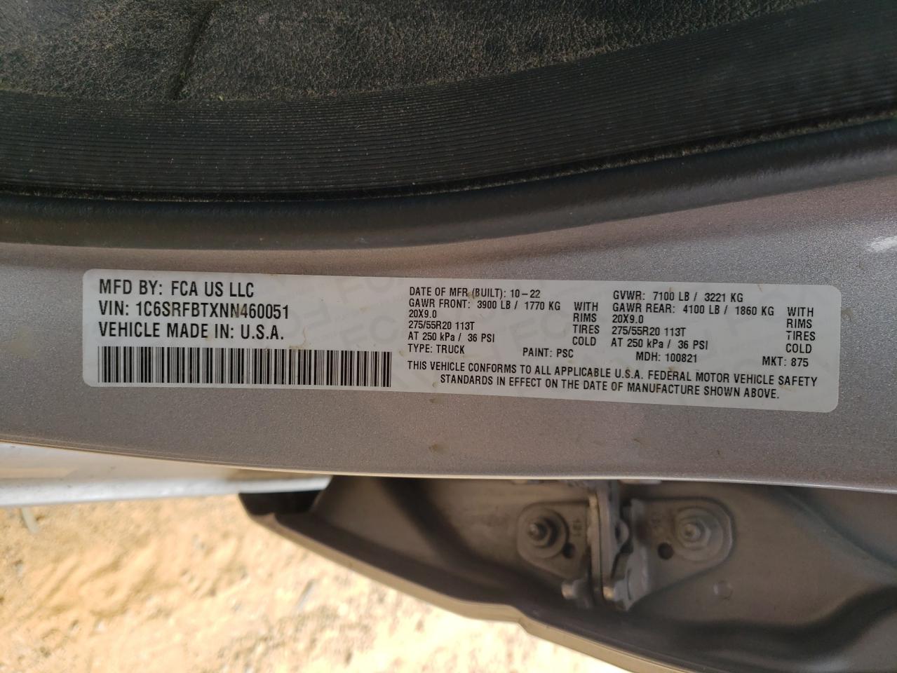 2022 RAM 1500 BIG HORN/LONE STAR VIN:1C6SRFBTXNN460051