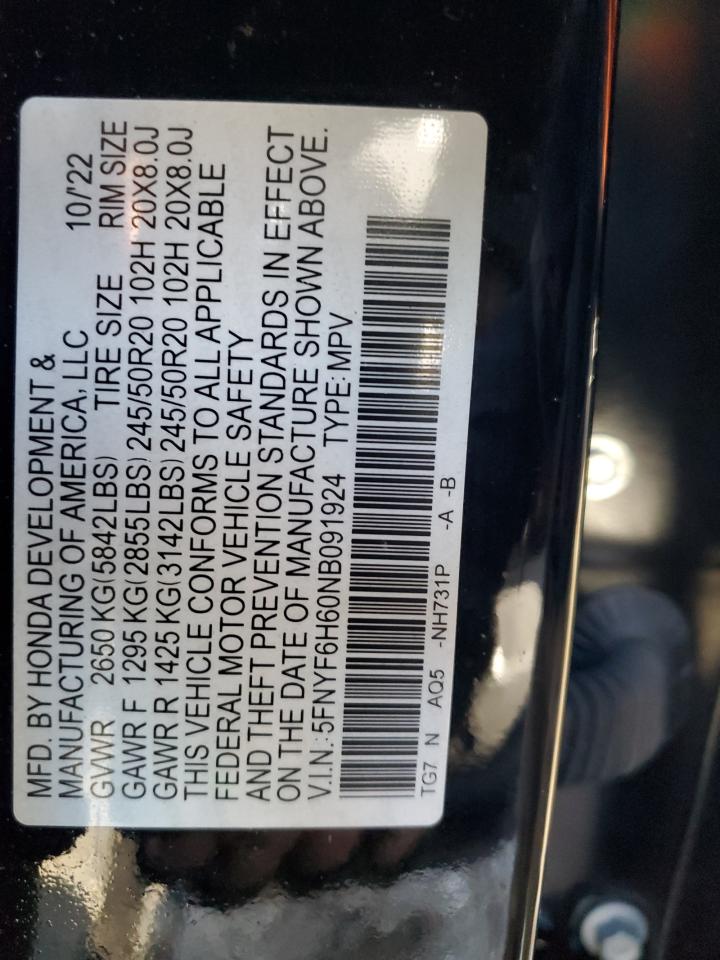 2022 HONDA PILOT TOURING VIN:5FNYF6H60NB091924