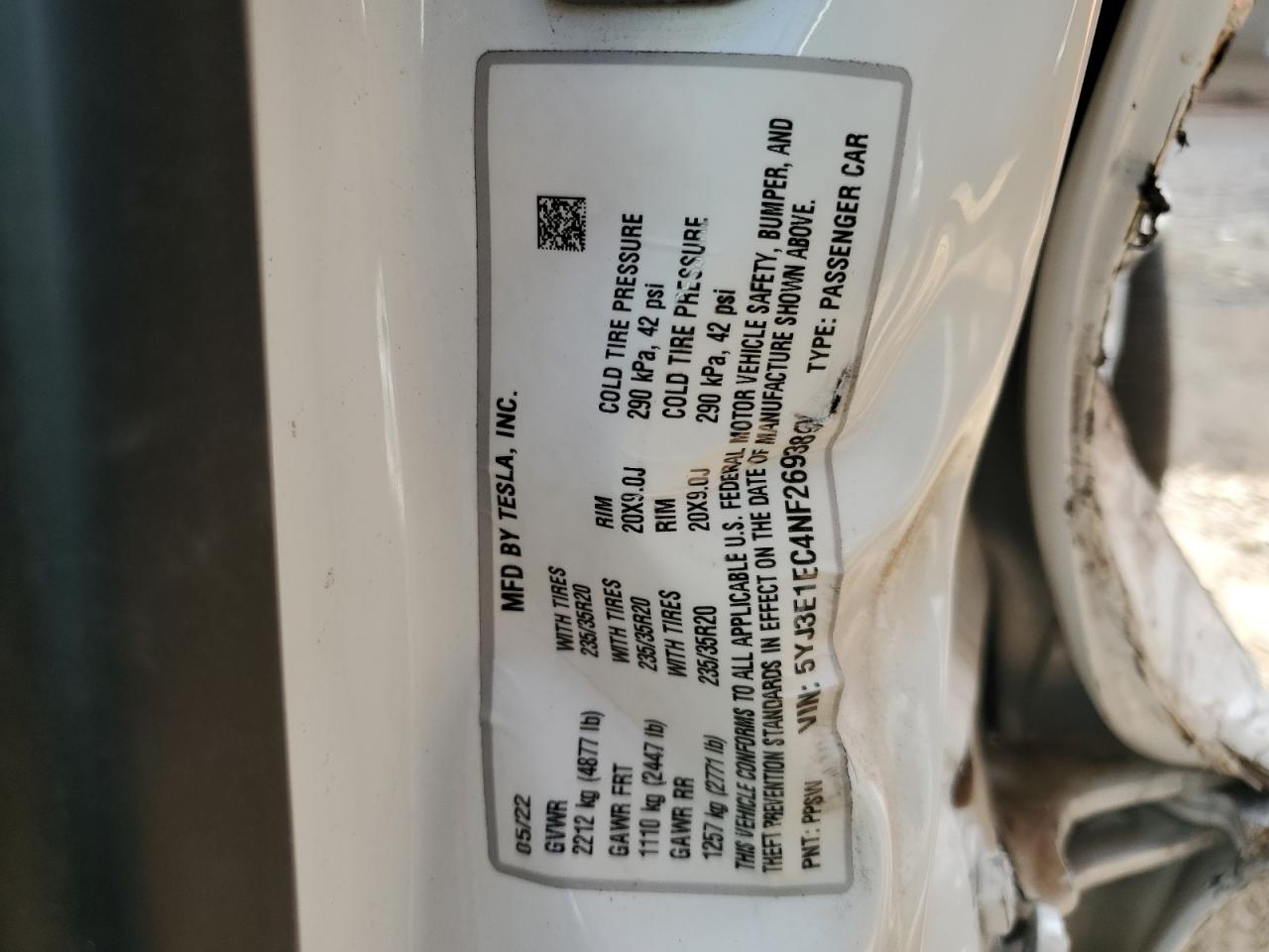 2022 TESLA MODEL 3  VIN:5YJ3E1EC4NF269389