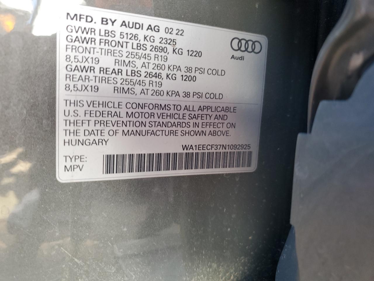 2022 AUDI Q3 PREMIUM PLUS S LINE 45 VIN:WA1EECF37N1092925