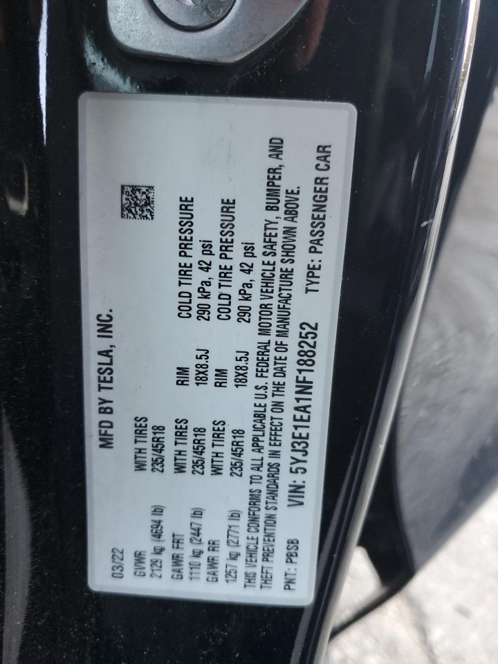 2022 TESLA MODEL 3  VIN:5YJ3E1EA1NF188252