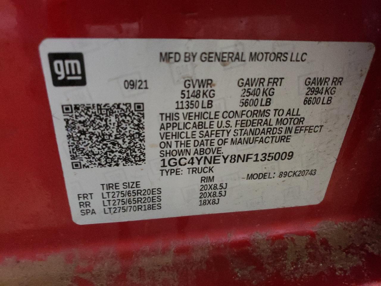 2022 CHEVROLET SILVERADO K2500 HEAVY DUTY LT VIN:1GC4YNEY8NF135009