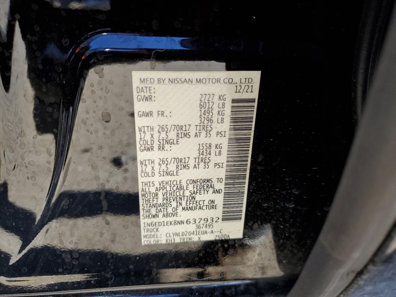 2022 NISSAN FRONTIER S VIN:1N6ED1EK8NN637932