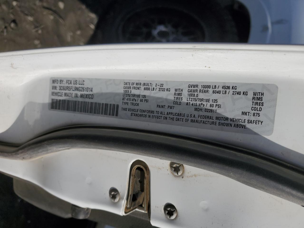 2022 RAM 2500 LARAMIE VIN:3C6UR5FL9NG261014