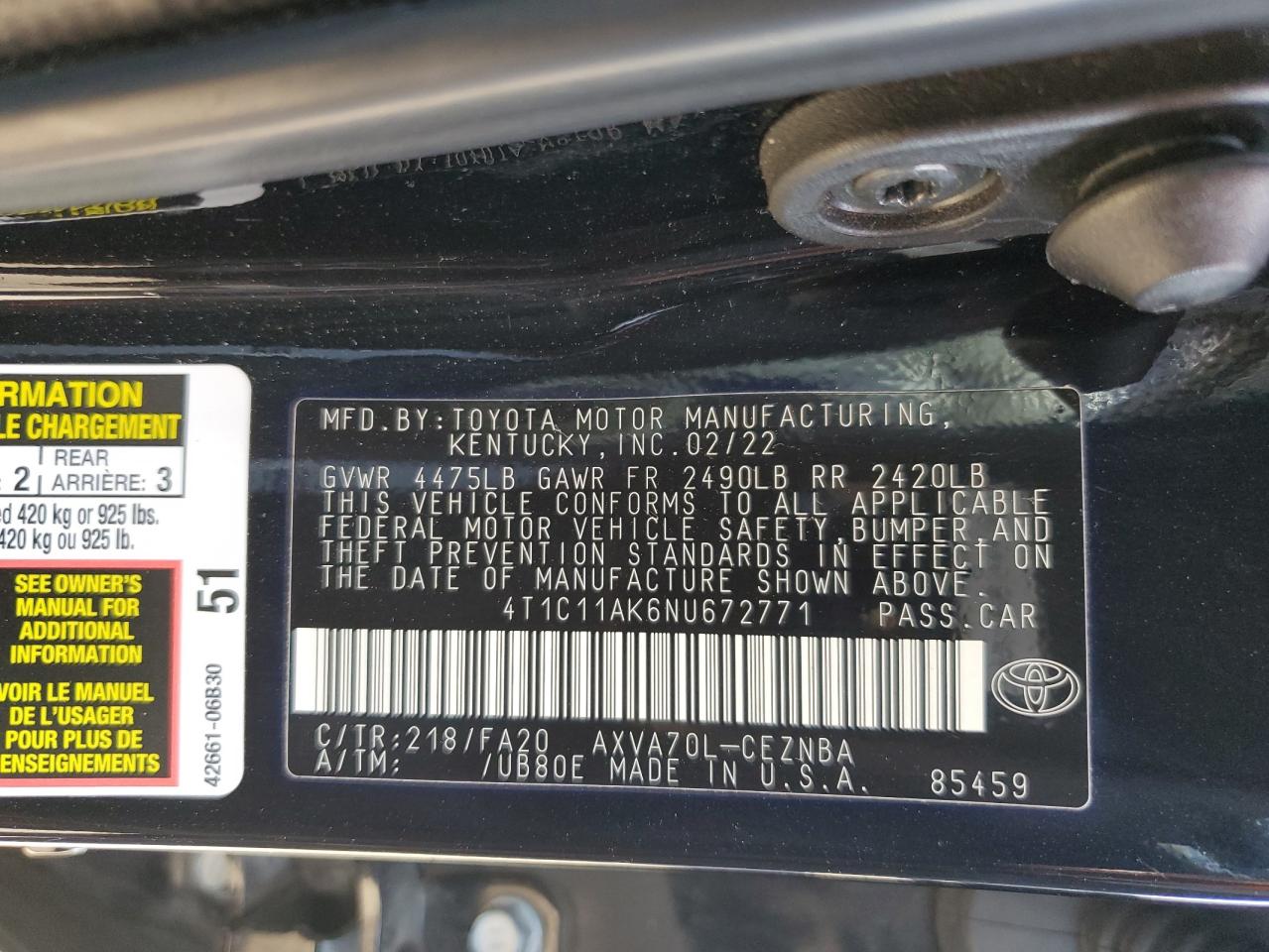 2022 TOYOTA CAMRY LE VIN:4T1C11AK6NU672771