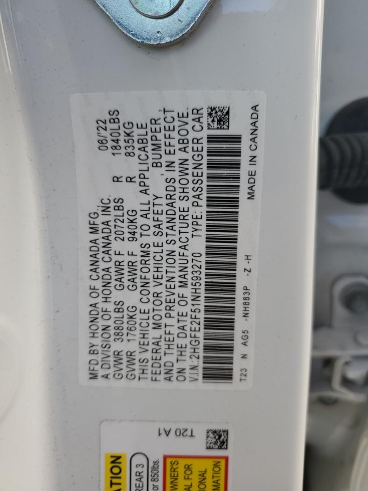 2022 HONDA CIVIC SPORT VIN:2HGFE2F51NH593270