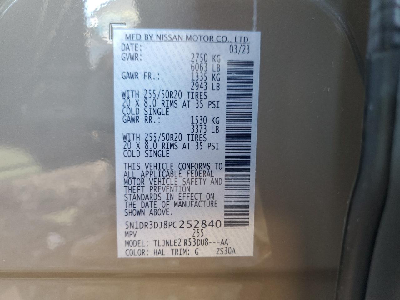 2023 NISSAN PATHFINDER PLATINUM VIN:5N1DR3DJ8PC252840