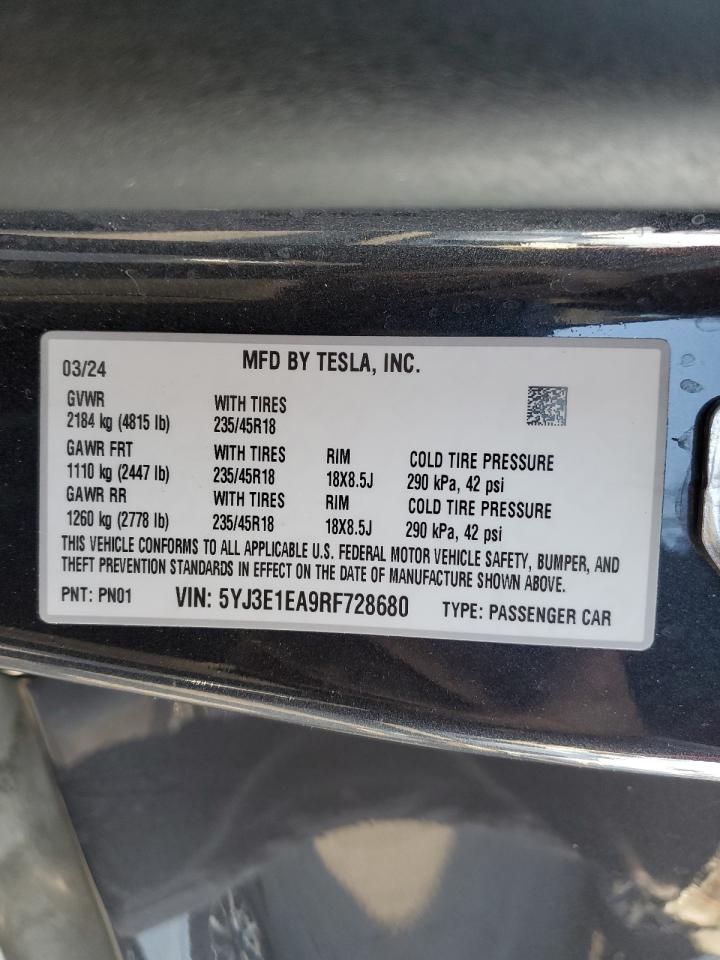 2024 TESLA MODEL 3  VIN:5YJ3E1EA9RF728680