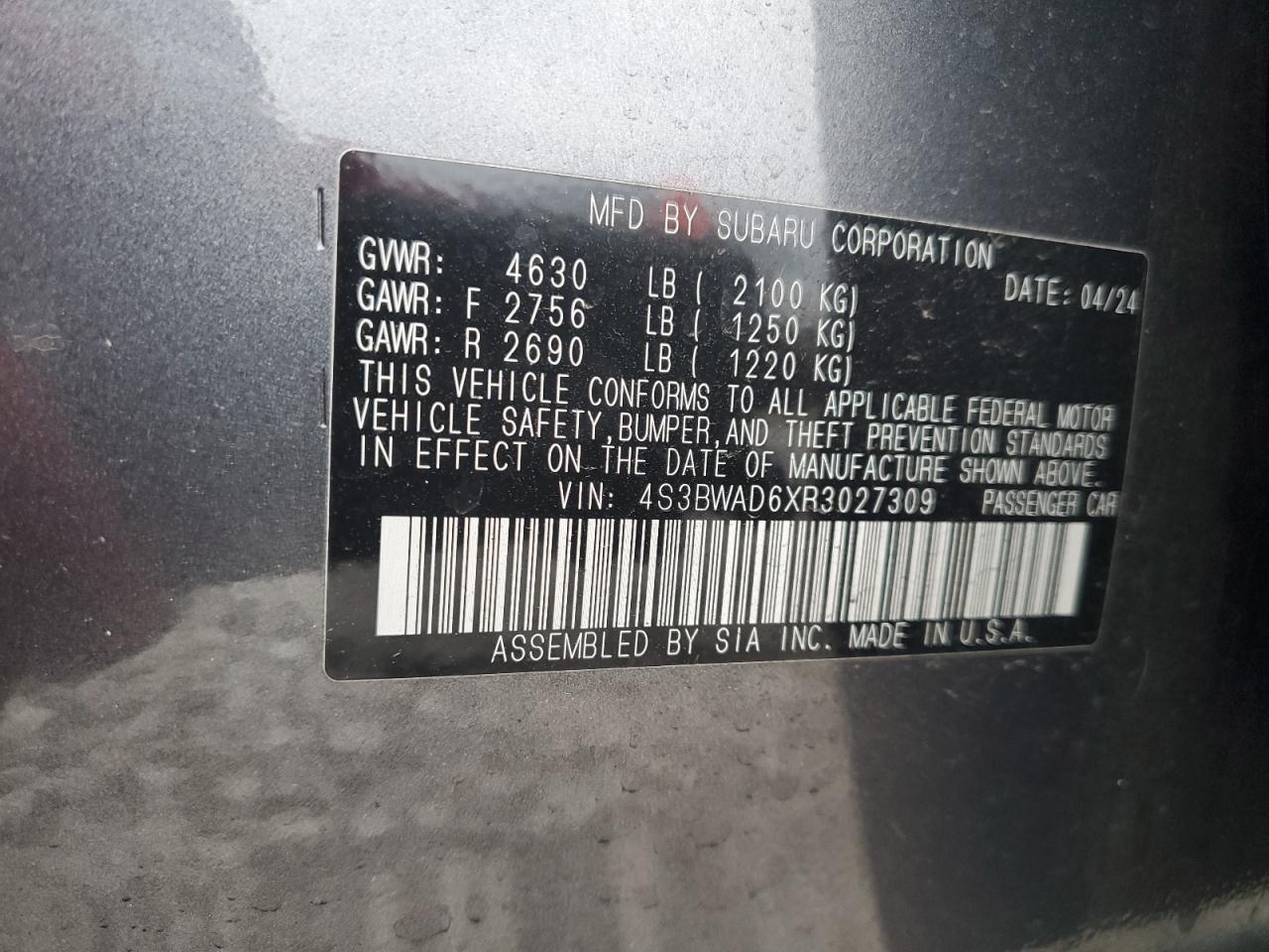 2024 SUBARU LEGACY PREMIUM VIN:4S3BWAD6XR3027309