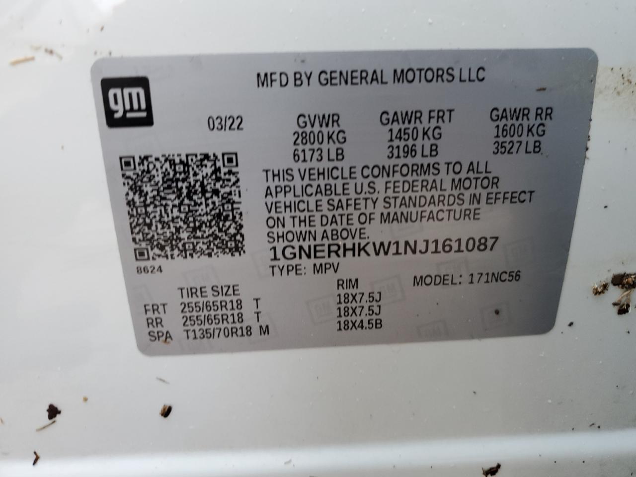 2022 CHEVROLET TRAVERSE LT VIN:1GNERHKW1NJ161087