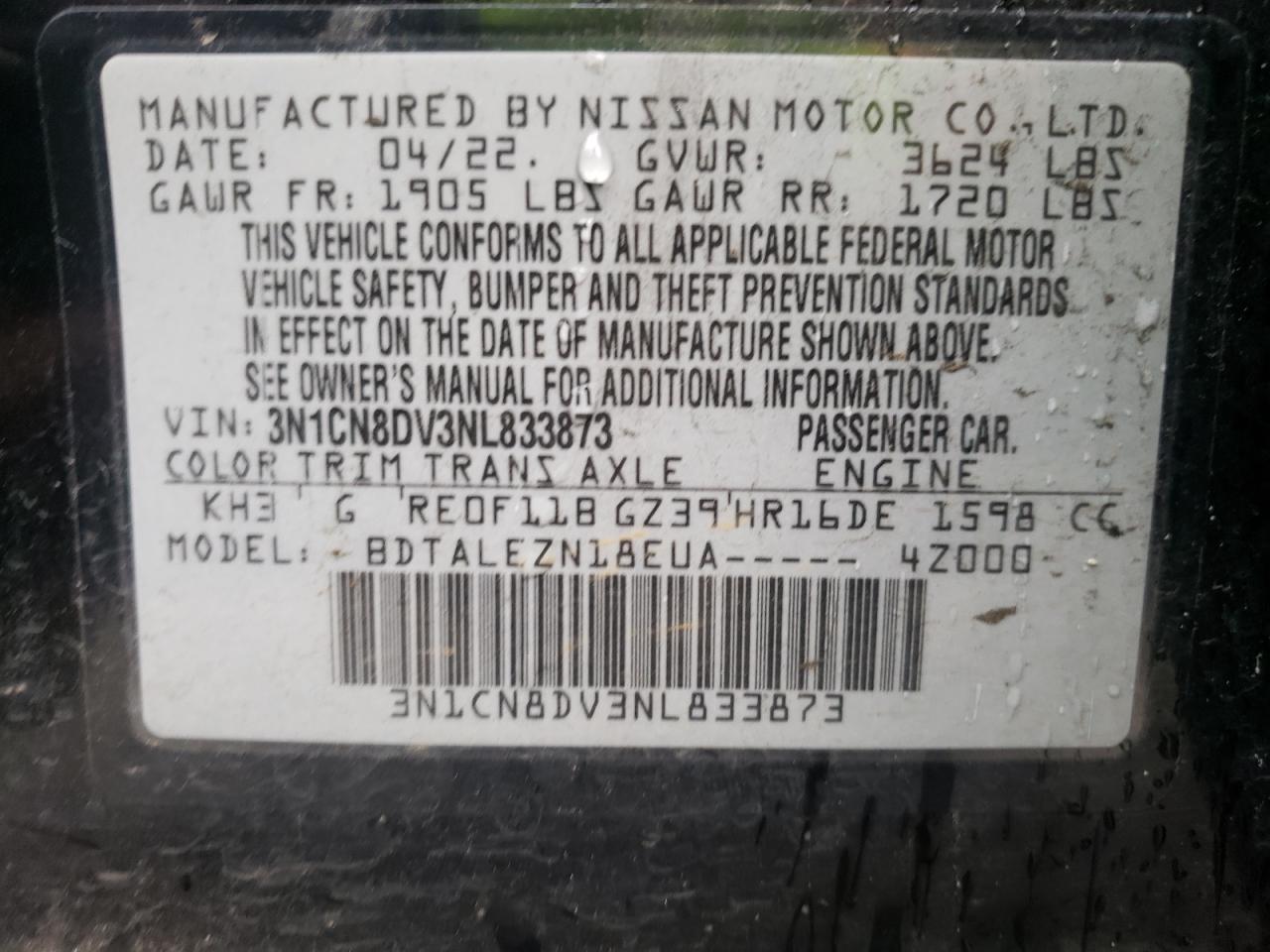 2022 NISSAN VERSA S VIN:3N1CN8DV3NL833873