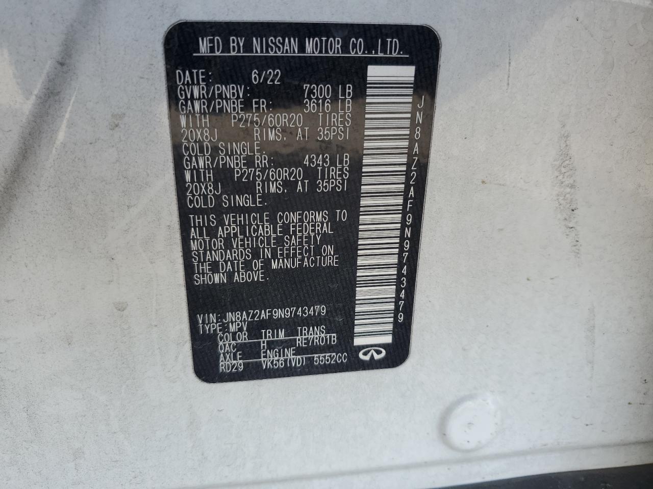 2022 INFINITI QX80 LUXE VIN:JN8AZ2AF9N9743479