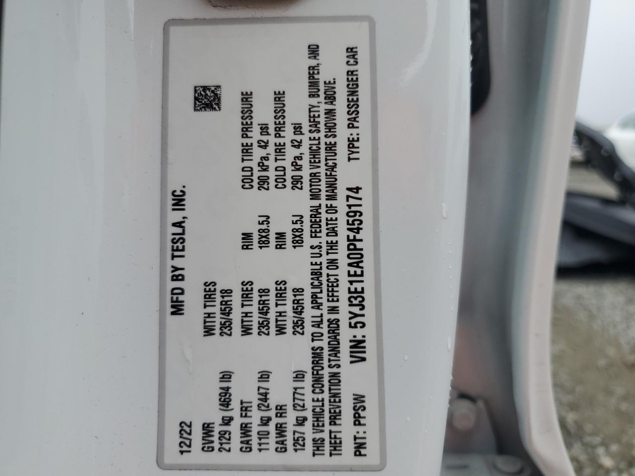 2023 TESLA MODEL 3  VIN:5YJ3E1EA0PF459174