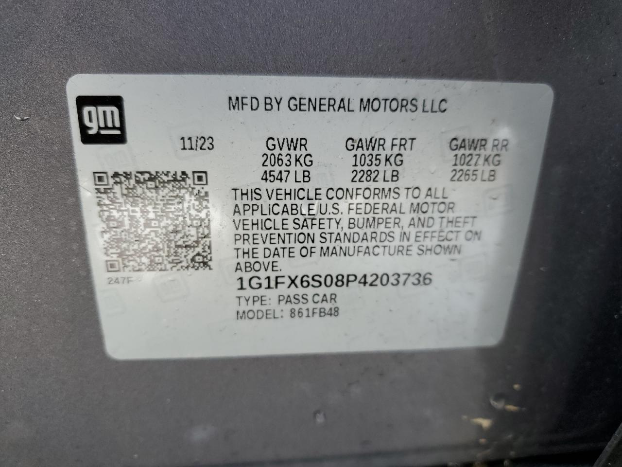 2023 CHEVROLET BOLT EV 2LT VIN:1G1FX6S08P4203736