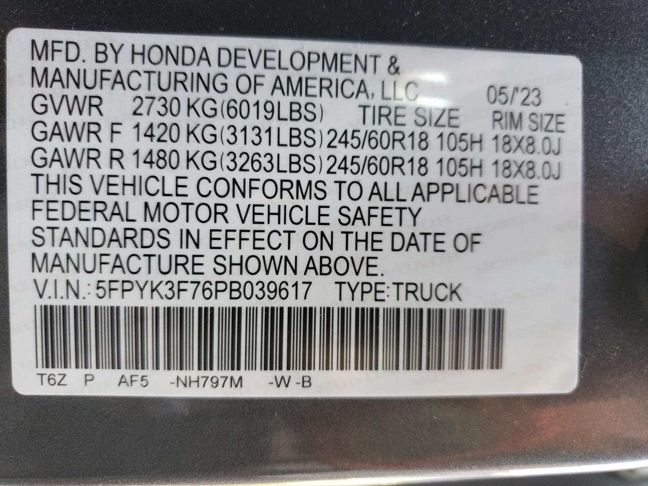 2023 HONDA RIDGELINE RTL-E VIN:5FPYK3F76PB039617