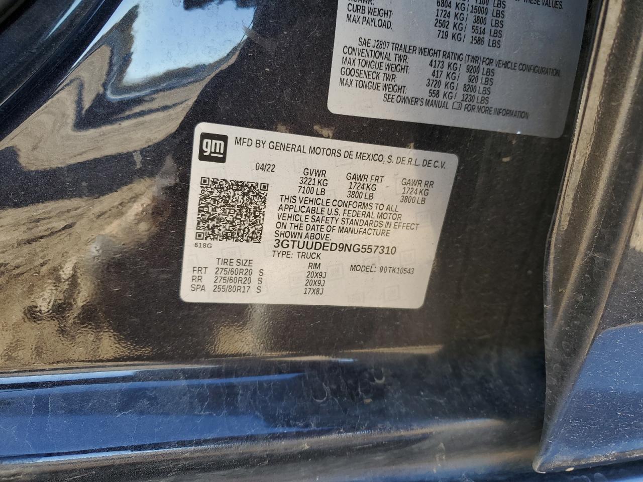 2022 GMC SIERRA K1500 SLT VIN:3GTUUDED9NG557310