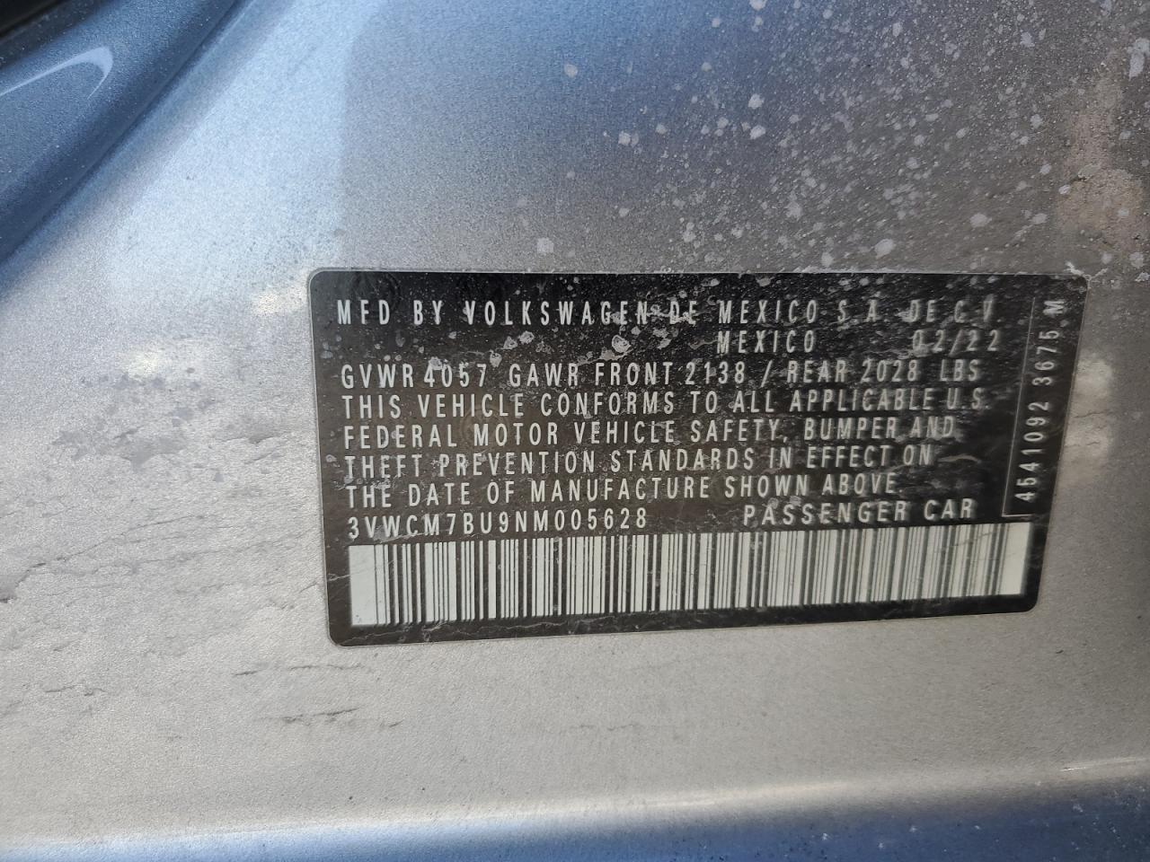 2022 VOLKSWAGEN JETTA S VIN:3VWCM7BU9NM005628