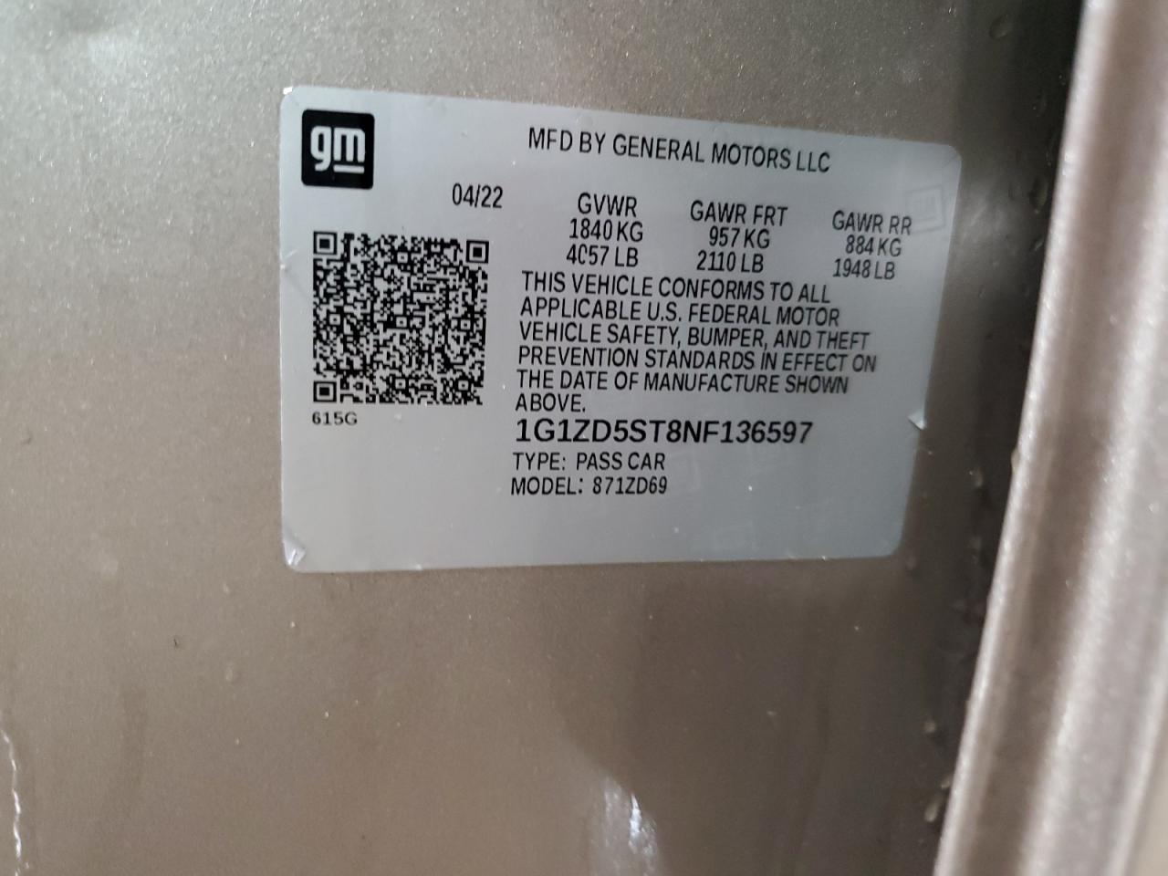 2022 CHEVROLET MALIBU LT VIN:1G1ZD5ST8NF136597