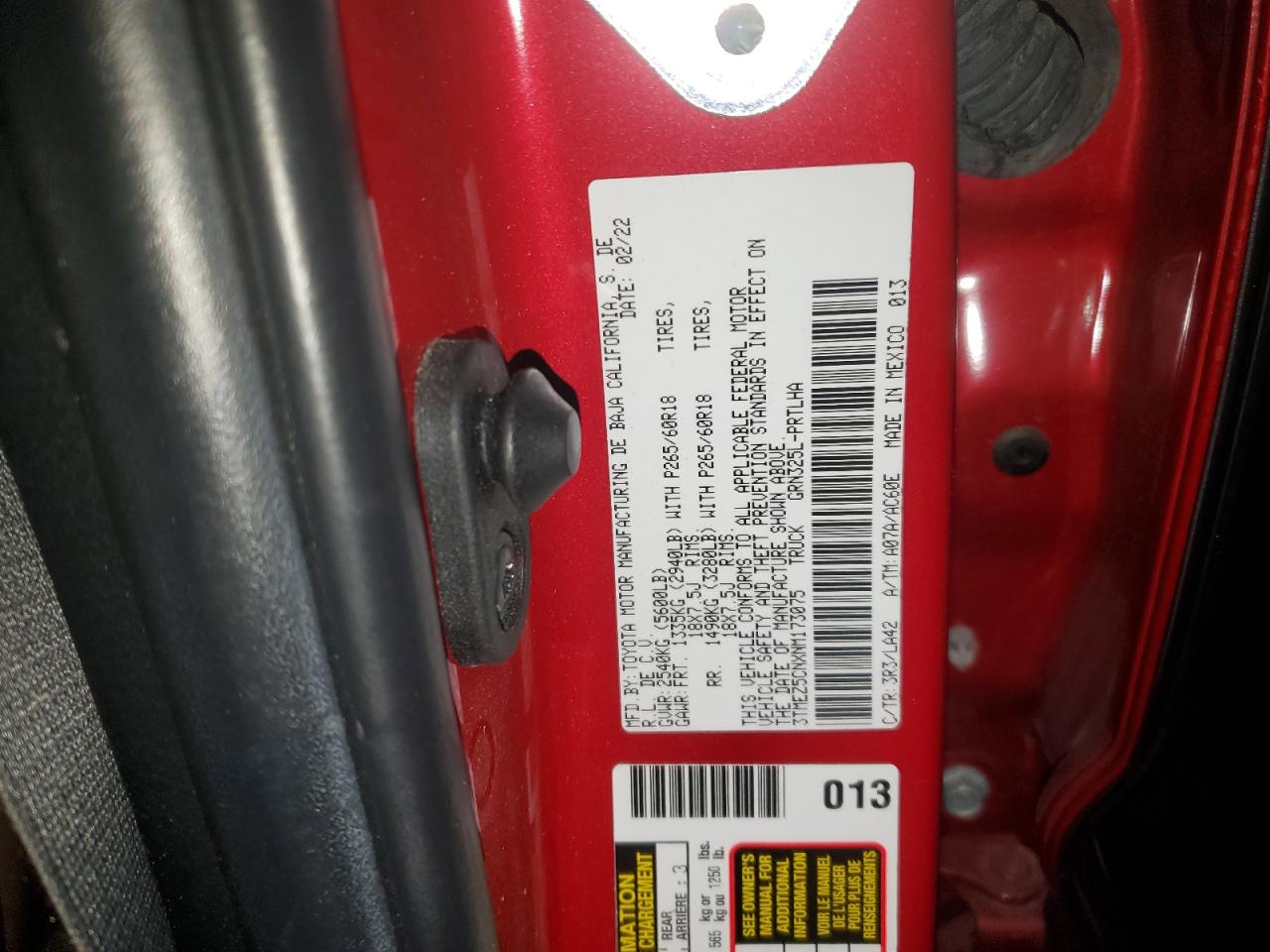 2022 TOYOTA TACOMA DOUBLE CAB VIN:3TMEZ5CNXNM173075