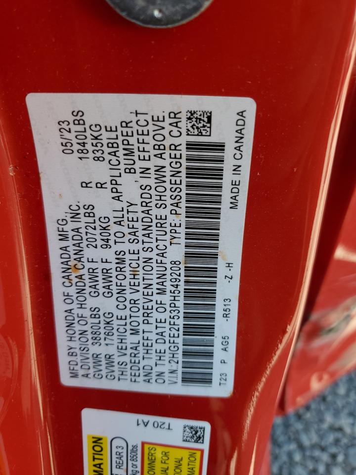 2023 HONDA CIVIC SPORT VIN:2HGFE2F53PH549208