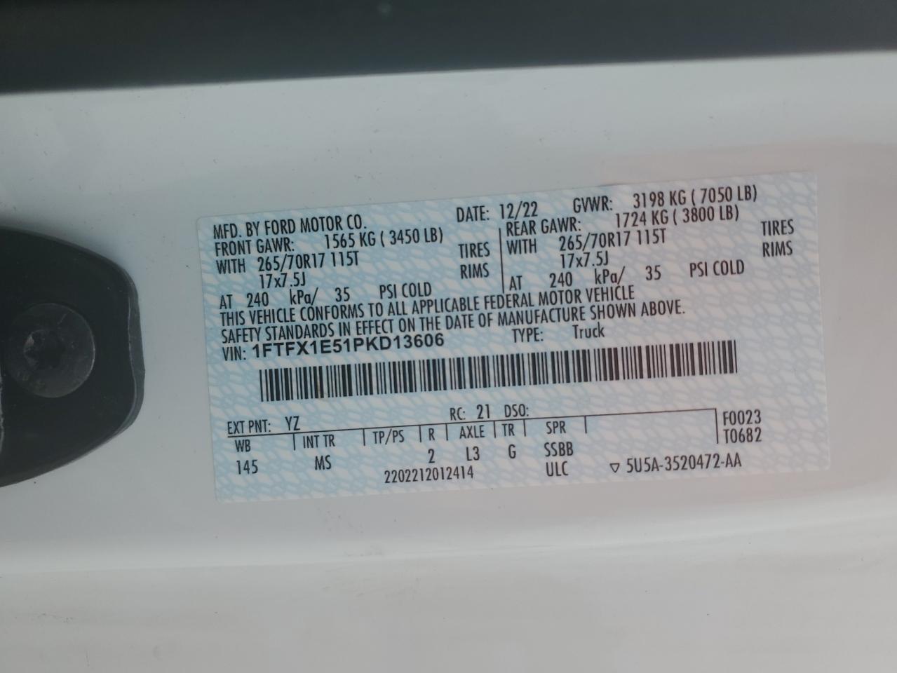 2023 FORD F150 SUPER CAB VIN:1FTFX1E51PKD13606