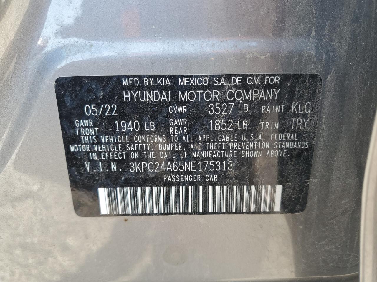 2022 HYUNDAI ACCENT SE VIN:3KPC24A65NE175313