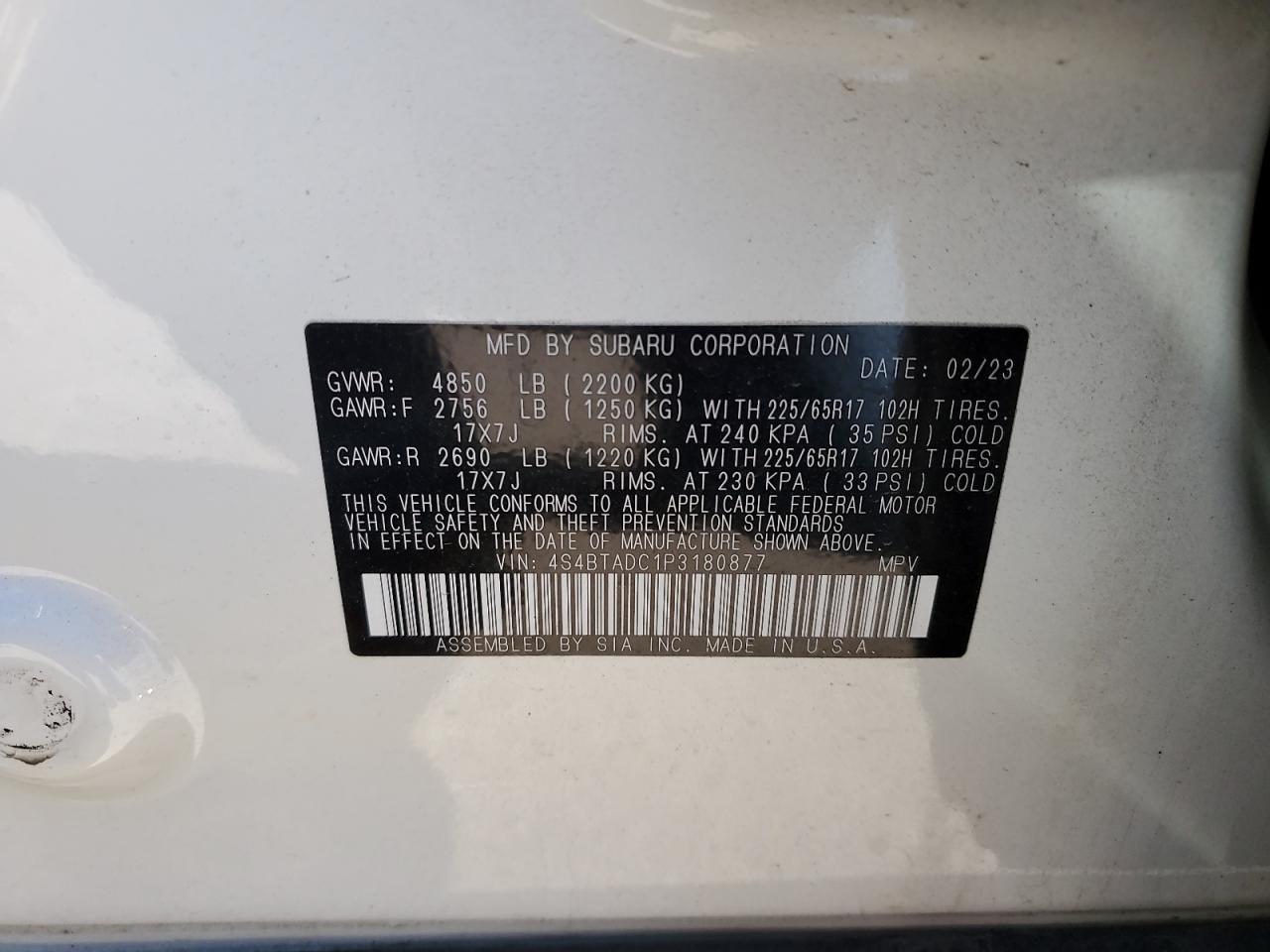 2023 SUBARU OUTBACK PREMIUM VIN:4S4BTADC1P3180877