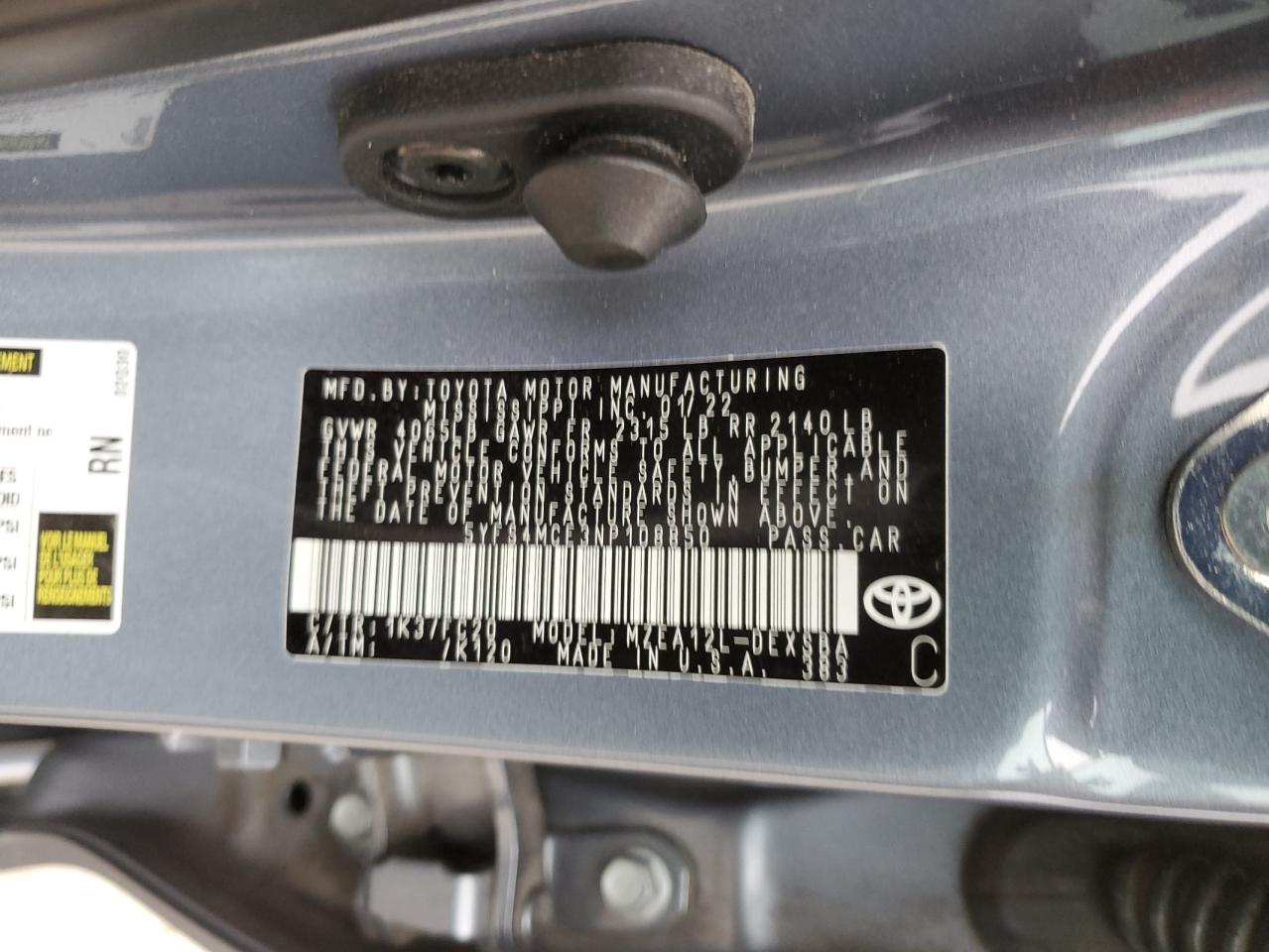 2022 TOYOTA COROLLA SE VIN:5YFS4MCE3NP108850