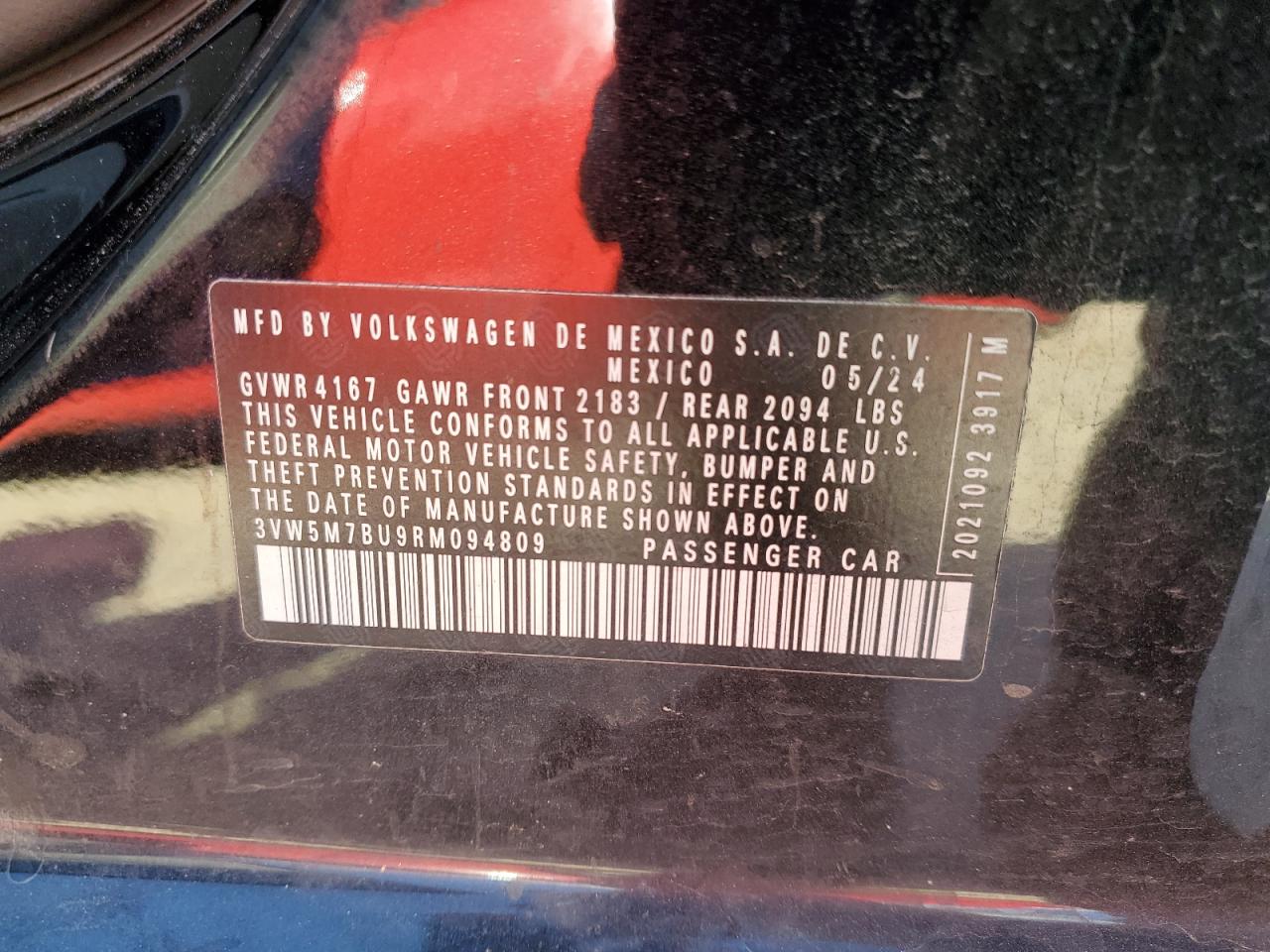 2024 VOLKSWAGEN JETTA S VIN:3VW5M7BU9RM094809