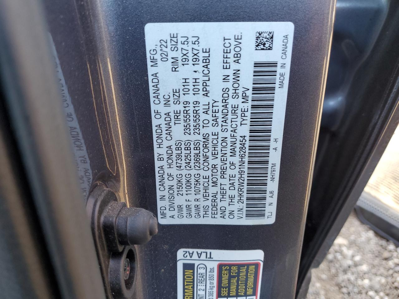 2022 HONDA CR-V TOURING VIN:2HKRW2H91NH628454