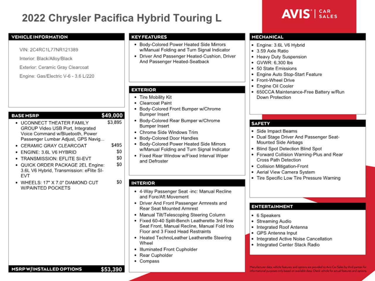 2022 CHRYSLER PACIFICA HYBRID TOURING L VIN:2C4RC1L77NR121389