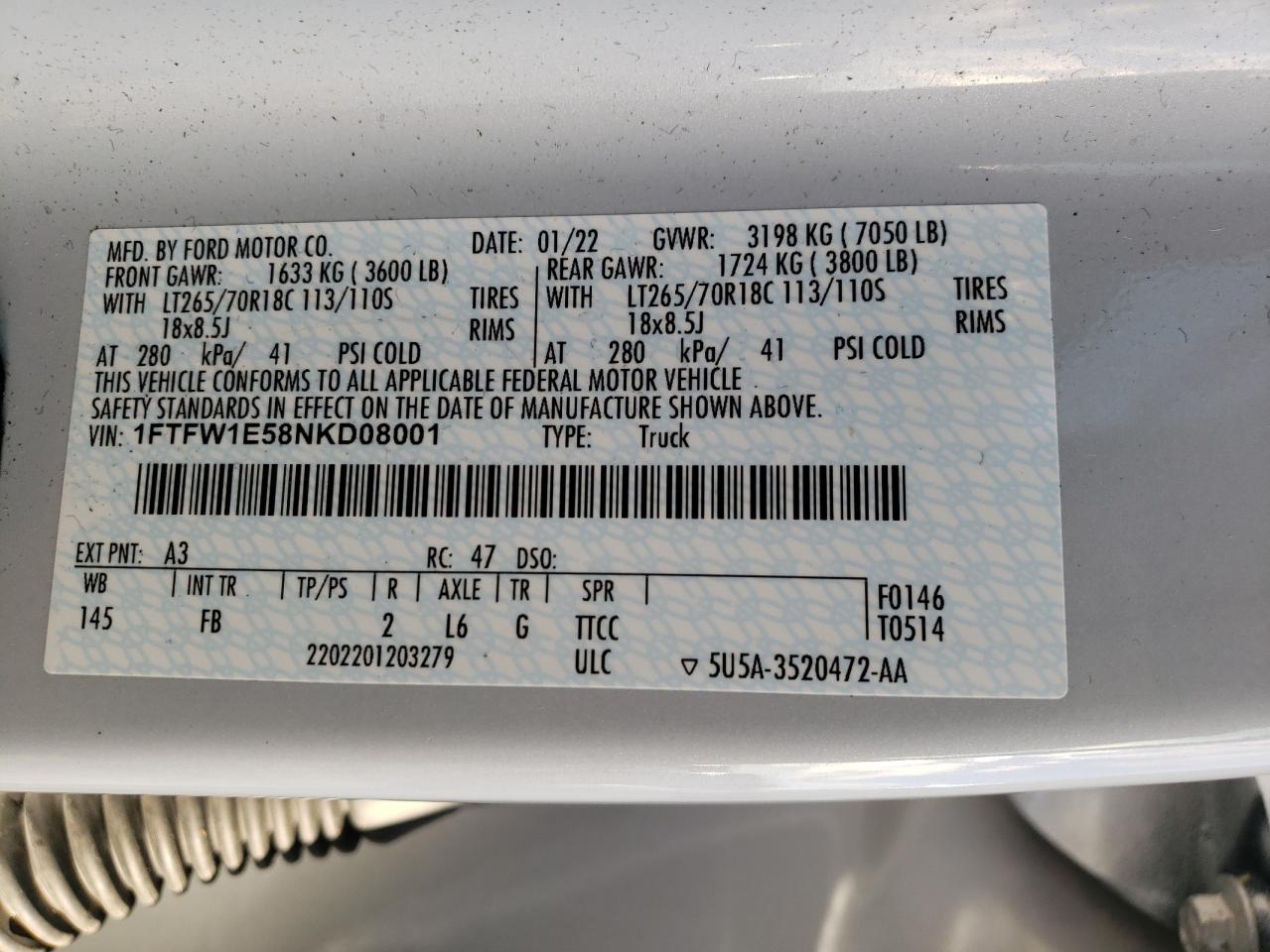 2022 FORD F150 SUPERCREW VIN:1FTFW1E58NKD08001