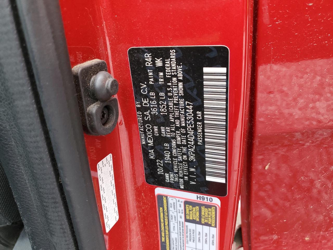 2023 KIA RIO LX VIN:3KPA24AD4PE530447