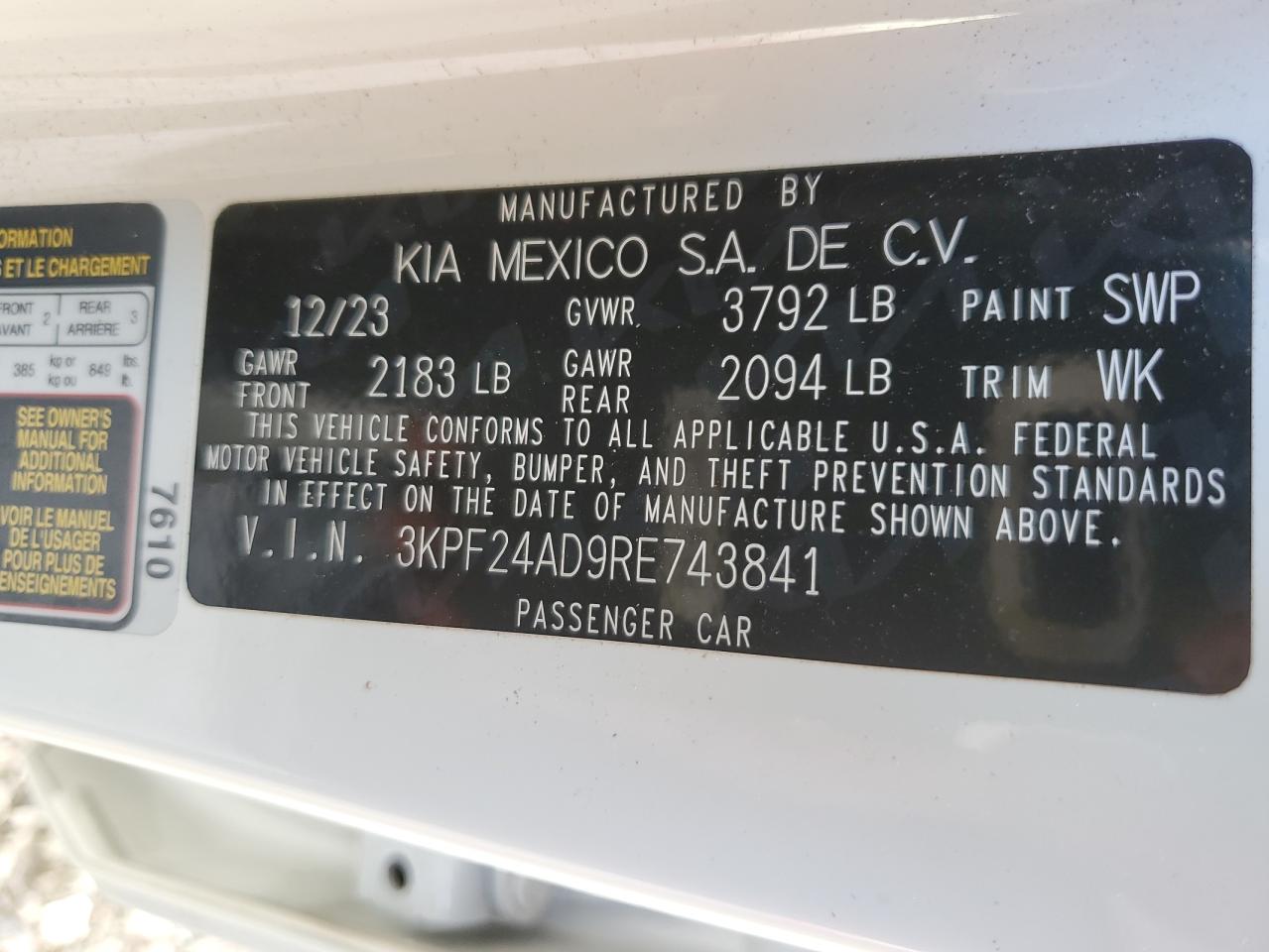 2024 KIA FORTE LX VIN:3KPF24AD9RE743841