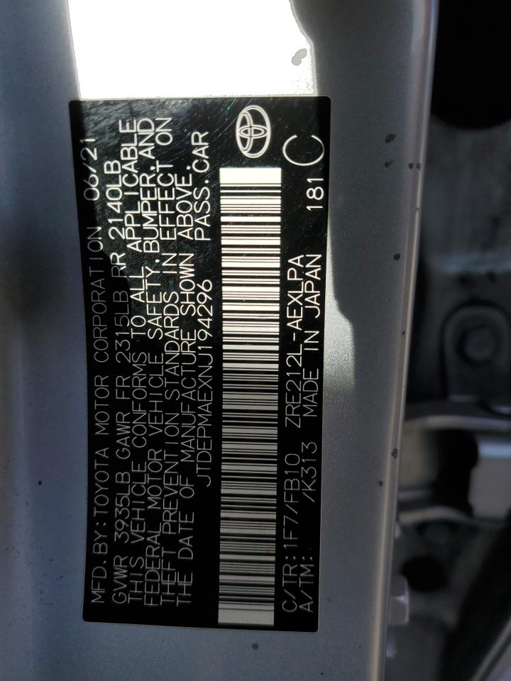 2022 TOYOTA COROLLA LE VIN:JTDEPMAEXNJ194296