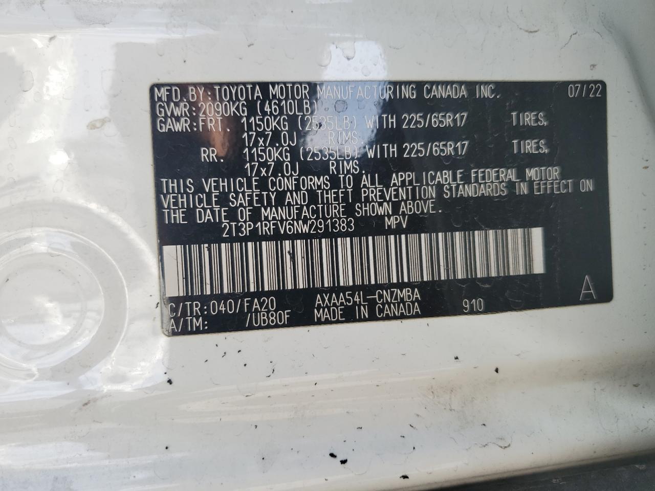 2022 TOYOTA RAV4 XLE VIN:2T3P1RFV6NW291383