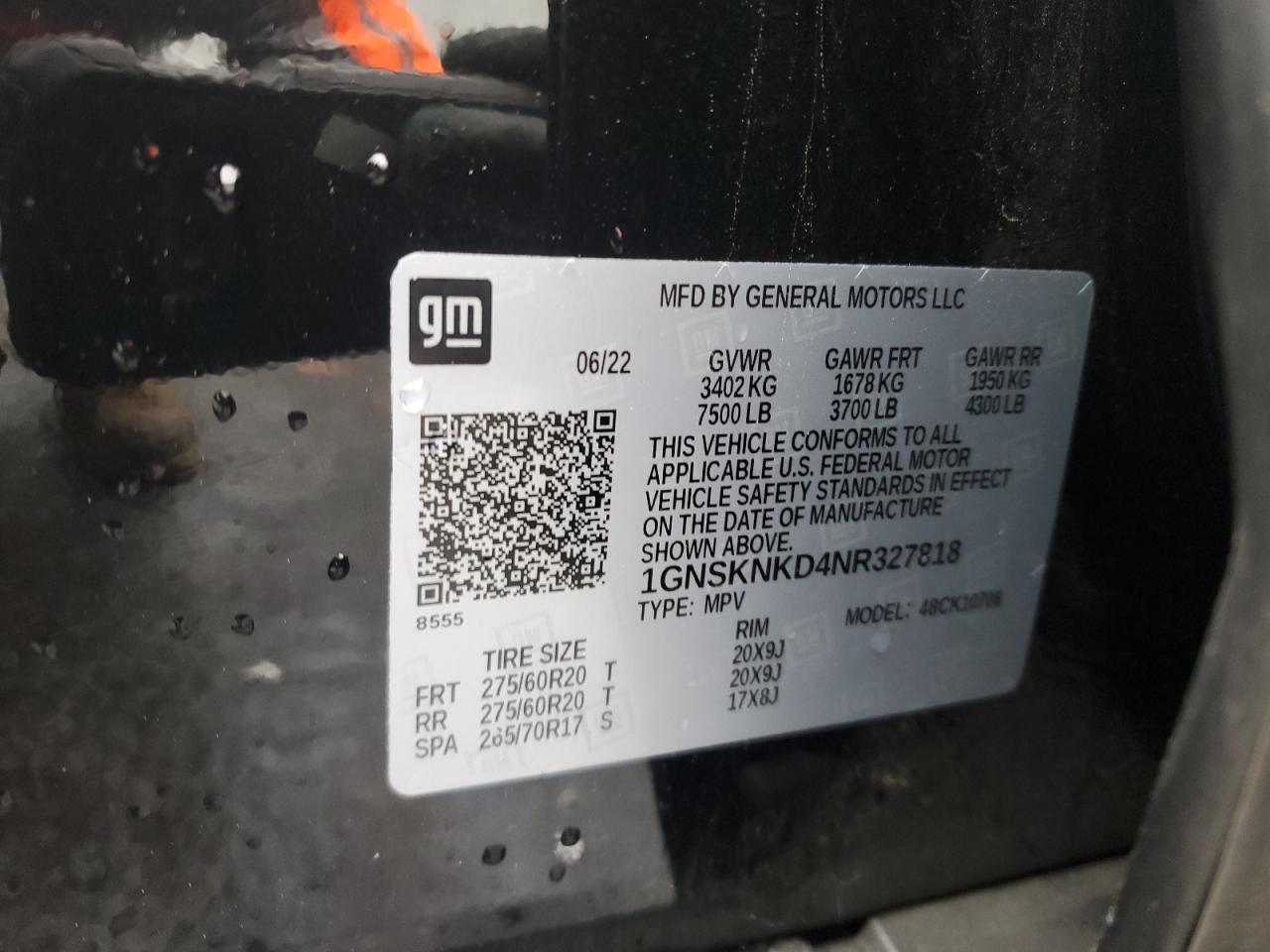 2022 CHEVROLET TAHOE K1500 LT VIN:1GNSKNKD4NR327818