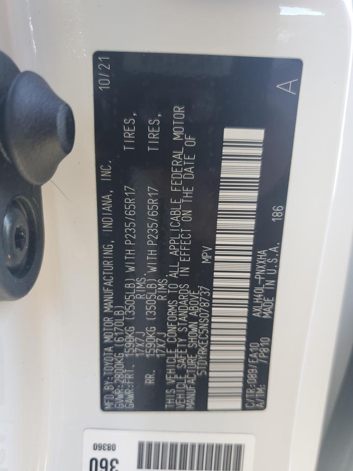 2022 TOYOTA SIENNA XLE VIN:5TDYRKEC5NS078737