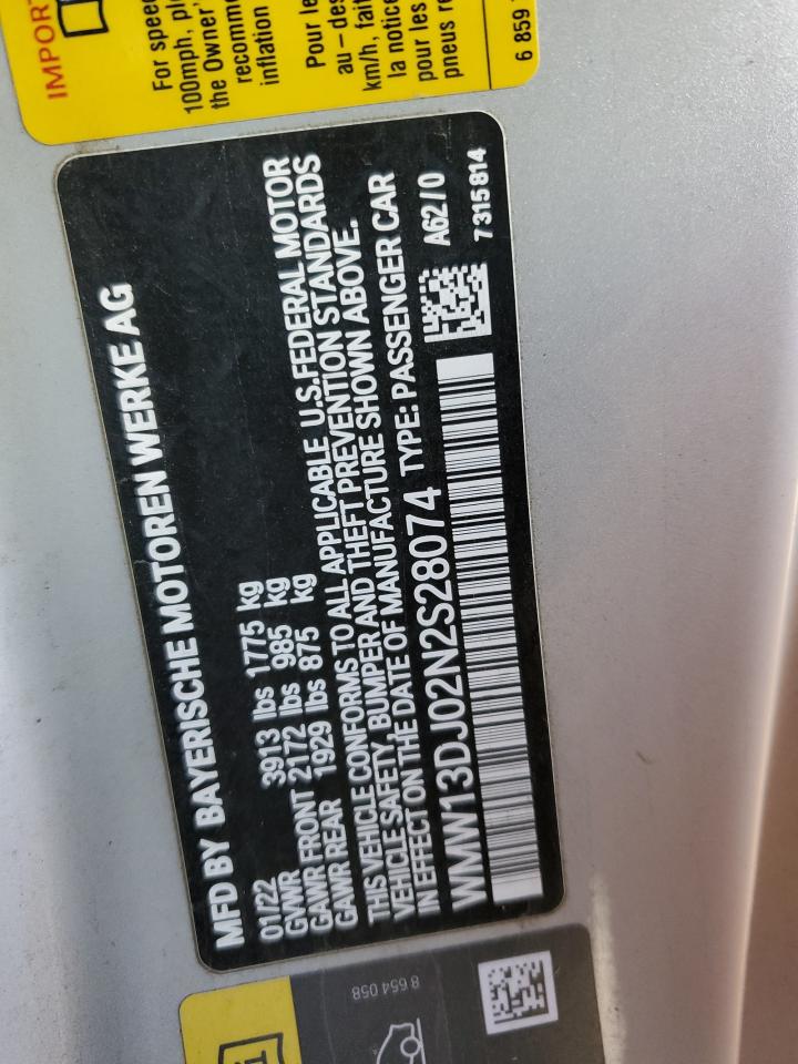 2022 MINI COOPER SE VIN:WMW13DJ02N2S28074