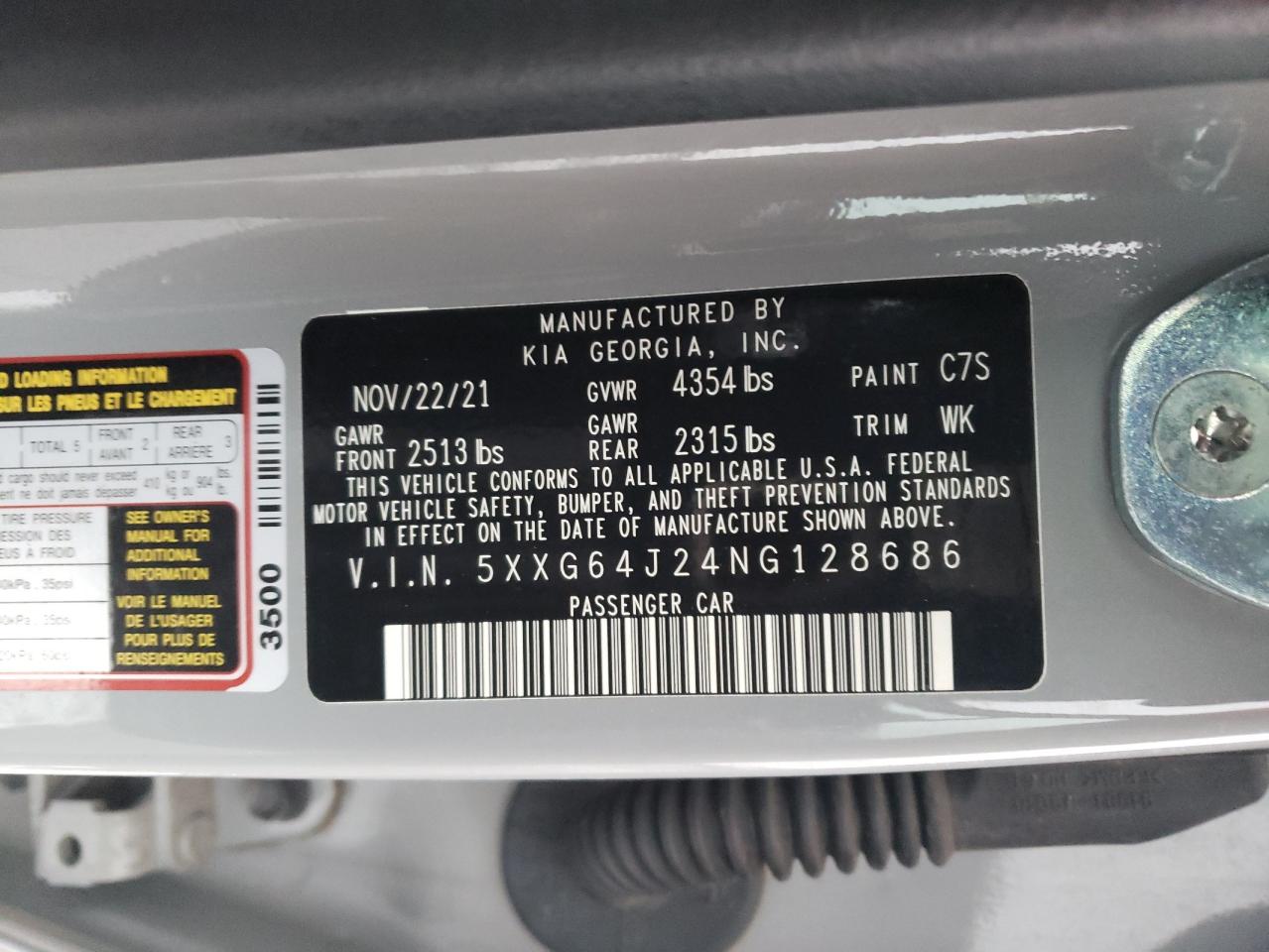 2022 KIA K5 GT LINE VIN:5XXG64J24NG128686